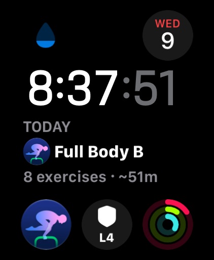 Apple Watch face — Tiqan complication with today's workout