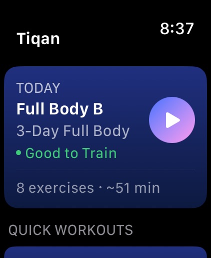 Apple Watch — today's workout ready to start, with readiness